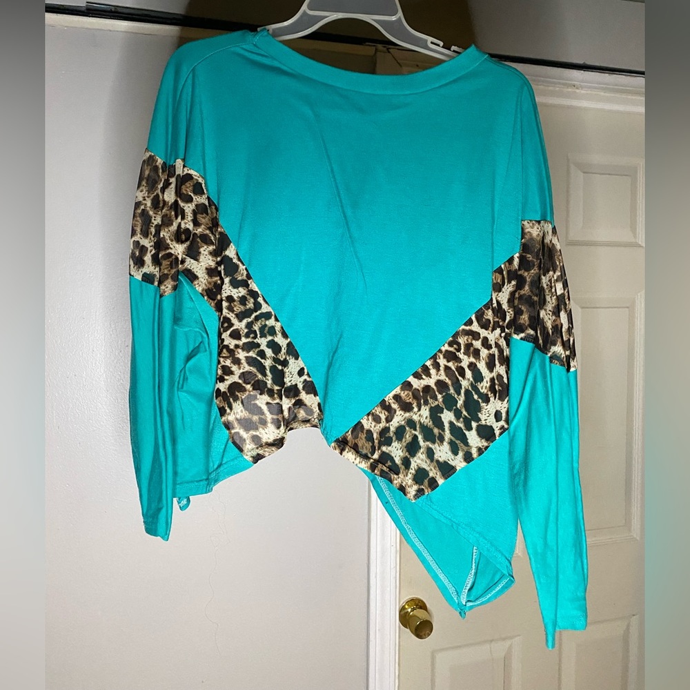 Asymmetric Turquoise and Cheetah color block top